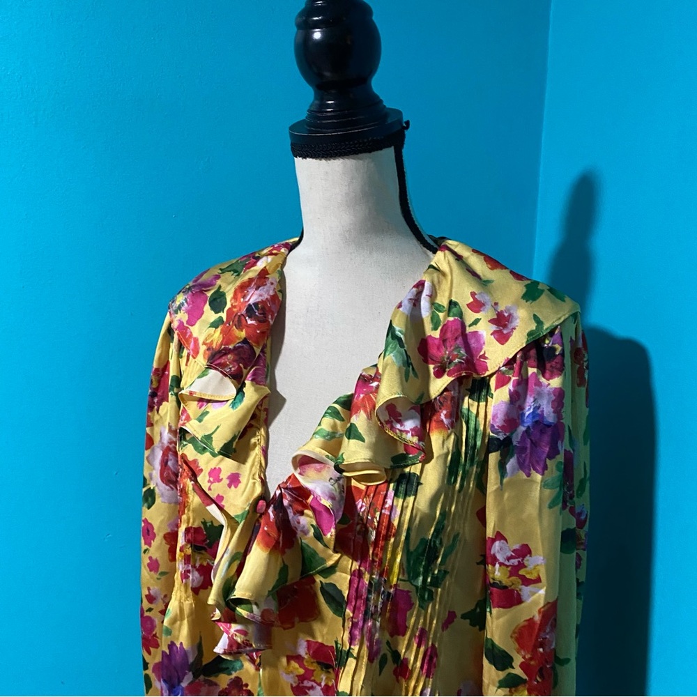 M ZARA M Yellow Colorful Floral Print Ruffle Front Long Sleeve Silky Blouse - Picture 3 of 6